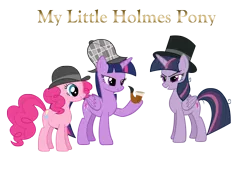 Size: 2656x1800 | Tagged: safe, artist:andoanimalia, derpibooru import, mean twilight sparkle, pinkie pie, twilight sparkle, twilight sparkle (alicorn), alicorn, pony, the mean 6, clone, deerstalker, detective, evil twilight, hat, pipe, professor moriarty, sherlock holmes, simple background, transparent background