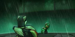Size: 1280x640 | Tagged: safe, artist:captainhoers, derpibooru import, oc, oc:atom smasher, oc:rainbow code, unofficial characters only, cyborg, pegasus, pony, the sunjackers, brother and sister, canterlot, cyberpunk, female, looking at each other, looking back, male, mare, new canterlot, rain, siblings, stallion