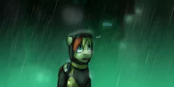 Size: 1280x640 | Tagged: safe, artist:captainhoers, derpibooru import, oc, oc:rainbow code, unofficial characters only, pegasus, pony, the sunjackers, canterlot, cyberpunk, dialogue, male, new canterlot, police, rain, solo, stallion