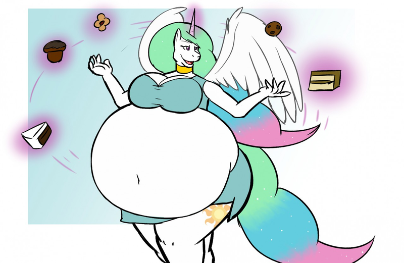 Size: 1280x833 | Tagged: safe, artist:th0mas, derpibooru import, princess celestia, alicorn, anthro, pony, belly, belly button, big belly, breasts, busty princess celestia, cake, cakelestia, chubbylestia, cookie, cupcake, fat, food, huge belly, impossibly large belly, magic, midriff, simple background