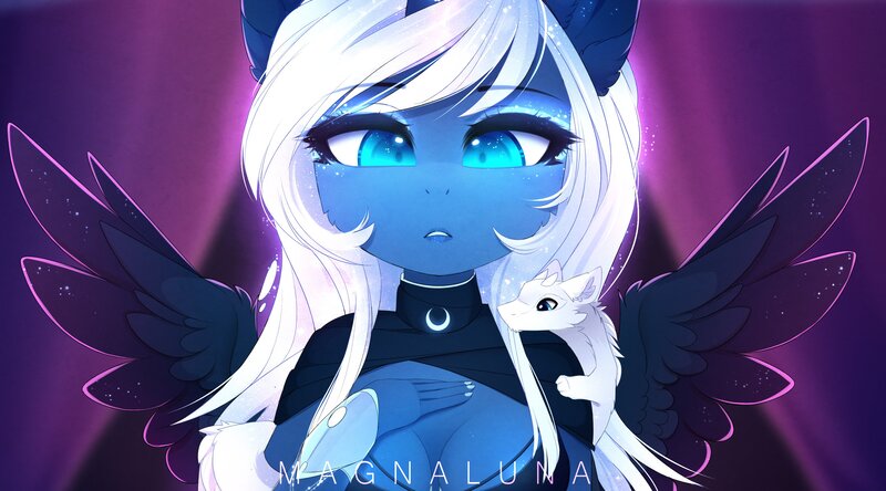 Size: 3327x1848 | Tagged: suggestive, artist:magnaluna, derpibooru import, princess luna, oc, oc:zefiroth, alicorn, anthro, alternate hairstyle, bra, breasts, cleavage, clothes, female, mare, underwear