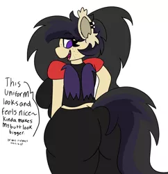 Size: 1450x1500 | Tagged: safe, artist:darkwolfhybrid, derpibooru import, oc, oc:darkius wolficus, unofficial characters only, anthro, bat pony, bat pony oc, bat wings, butt, chubby, clothes, dialogue, ear fluff, ear piercing, female, freckles, looking back, pants, piercing, pizza hut, plot, plump, ponytail, rear view, shirt, skintight clothes, smiling, the ass was fat, thick, uniform, wings