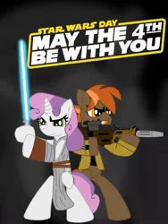 Size: 776x1030 | Tagged: artist:ejlightning007arts, blaster, button mash, crossover, derpibooru import, energy weapon, gun, lightsaber, may the fourth be with you, poster, safe, standing, star wars, sweetie belle, weapon