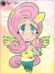 Size: 600x812 | Tagged: safe, artist:canischou, derpibooru import, fluttershy, human, pegasus, pony, blushing, clothes, cute, deviantart, eared humanization, female, gijinka, humanized, looking at you, obtrusive watermark, shirt, shoes, shyabetes, smiling, solo, tailed humanization, watermark, winged humanization, wings