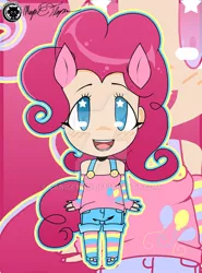 Size: 600x812 | Tagged: artist:canischou, clothes, cute, derpibooru import, deviantart, deviantart watermark, diapinkes, eared humanization, female, human, humanized, looking at you, obtrusive watermark, pinkie pie, safe, shirt, shoes, shorts, socks, solo, tailed humanization, watermark