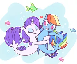 Size: 1057x879 | Tagged: safe, alternate version, artist:raridashdoodles, derpibooru import, rainbow dash, rarity, fish, pony, seapony (g4), my little pony: the movie, blushing, female, heart, hug, lesbian, mare, ocean, raridash, seaponified, seapony rainbow dash, seapony rarity, shipping, species swap