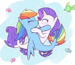 Size: 988x854 | Tagged: safe, alternate version, artist:raridashdoodles, derpibooru import, rainbow dash, rarity, fish, pony, seapony (g4), my little pony: the movie, blushing, eyes closed, female, kissing, lesbian, mare, ocean, raridash, seaponified, seapony rainbow dash, seapony rarity, shipping, species swap