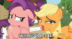 Size: 512x281 | Tagged: safe, derpibooru import, edit, edited screencap, screencap, applejack, filthy rich, spoiled rich, pony, where the apple lies, animated, caption, coughing, discovery family logo, faic, gif, gif with captions, hatless, impact font, meme, missing accessory, reaction gif, spoiled milk, teenage applejack, teenager