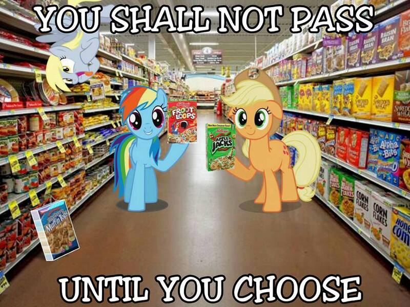 Size: 960x720 | Tagged: applejack, apple jacks, caption, cereal, derpibooru import, derpy hooves, floppy ears, food, froot loops, image macro, rainbow dash, safe, text, you shall not pass