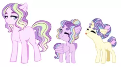 Size: 1693x936 | Tagged: safe, artist:whalepornoz, derpibooru import, princess gold lily, princess skyla, princess sterling, oc, oc:princess gold lily, oc:princess skylar, oc:princess sterling, earth pony, pegasus, pony, unicorn, beanbrows, blank flank, braid, eyebrows, eyes closed, female, filly, large wings, lidded eyes, offspring, one eye closed, parent:princess cadance, parent:shining armor, parents:shiningcadance, simple background, tail bun, tongue out, white background, wings, wink