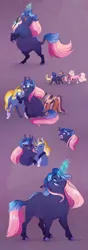 Size: 600x1698 | Tagged: safe, artist:vindhov, derpibooru import, oc, oc:love letter, oc:marigold twinkle, oc:moxie fizzlepop, unofficial characters only, hybrid, original species, pony, unicorn, yakony, bracelet, colored hooves, female, friendship, glowing horn, horn, interspecies offspring, jewelry, long description, magic, magical lesbian spawn, mare, microphone, missing cutie mark, next generation, offspring, parent:prince rutherford, parent:starlight glimmer, parent:sunburst, parent:tempest shadow, parent:trixie, parent:twilight sparkle, parents:tempestrix, parents:twiburst, parents:twiford, purple background, realistic horse legs, rearing, simple background, singer, singing, snip (coat marking), socks (coat marking), telekinesis