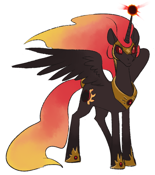Size: 799x902 | Tagged: safe, artist:pumpkinsoup, artist:secretstabby, derpibooru import, nightmare star, princess celestia, alicorn, pony, black coat, cutie mark, ethereal mane, evil celestia, female, helmet, jewelry, looking at you, mare, red eyes, redesign, regalia, simple background, solo, spread wings, tail wrap, white background, wings
