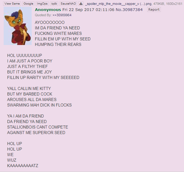 Size: 604x562 | Tagged: 4chan, barbed, capper dapperpaws, capper drama, capperity, derpibooru import, female, implied orgy, implied rarity, implied sex, lyrics, male, my little pony: the movie, questionable, rarity, shipping, straight, text, vulgar, we wuz kings