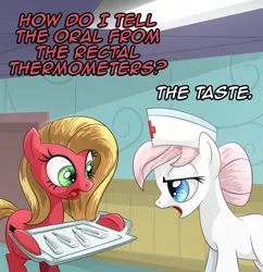 Size: 775x800 | Tagged: safe, artist:dcpip, derpibooru import, nurse redheart, oc, oc:pun, earth pony, pony, ask pun, ask, earth pony problems, female, implied insertion, mare, open mouth, rectal thermometer, thermometer, tray, tumblr, working, yuck