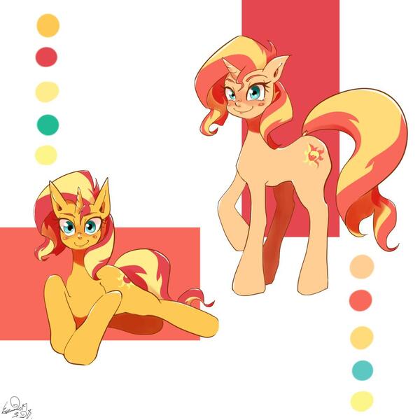 Size: 1000x1000 | Tagged: safe, artist:sozglitch, derpibooru import, sunset shimmer, pony, unicorn, abstract background, female, looking at you, lying down, mare, raised hoof, smiling, solo
