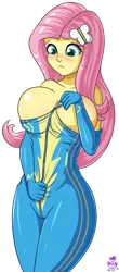 Size: 594x1345 | Tagged: suggestive, artist:mit-boy, derpibooru import, fluttershy, bat pony, equestria girls, big breasts, blushing, breasts, busty fluttershy, clothes, female, flutterbat, looking down, race swap, solo, solo female, uniform, wonderbolts uniform, wondershy, zipper