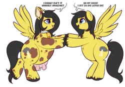 Size: 919x641 | Tagged: source needed, safe, artist:lulubell, derpibooru import, oc, oc:reia hope, unofficial characters only, cow, cow pony, pegasus, pony, bell, bell collar, chubby, collar, cowbell, fat, female, holding hooves, mare, pun, self ponidox, spread wings, time travel, udder, wings