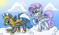 Size: 2000x1200 | Tagged: safe, artist:autumn-dreamscape, derpibooru import, oc, oc:cloud zapper, oc:cloudy dreamscape, pegasus, pony, armor, cloud, female, male, mare, royal guard, royal guard armor, spread wings, stallion, wings