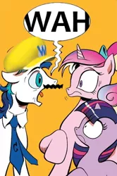 Size: 365x549 | Tagged: derpibooru import, exploitable meme, idw, meme, nintendo, obligatory pony, princess cadance, safe, screaming armor, shining armor, spoiler:comic, spoiler:comic11, twilight sparkle, wah, wario, wario's hat