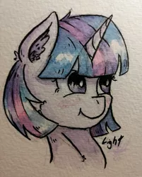 Size: 1754x2181 | Tagged: safe, artist:lightisanasshole, derpibooru import, twilight sparkle, pony, unicorn, alternate hairstyle, bust, cute, cutie mark, ear fluff, female, hairstyle, hairstyling, mane, mare, portrait, short mane, smiling, solo, three quarter view, traditional art