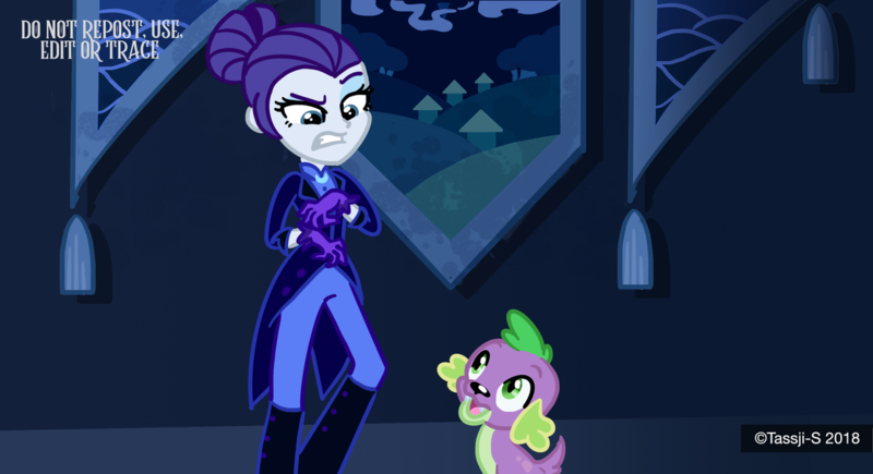 Size: 1212x659 | Tagged: safe, artist:tassji-s, derpibooru import, rarity, spike, dog, equestria girls, the cutie re-mark, alternate timeline, boots, clothes, disgusted, duo, equestria girls interpretation, equestria girls-ified, hair bun, night maid rarity, nightmare takeover timeline, pants, scene interpretation, shoes, spike the dog, tailcoat