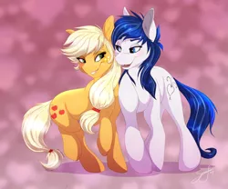 Size: 900x750 | Tagged: safe, artist:streetfair, derpibooru import, applejack, oc, oc:constance everheart, earth pony, pony, bedroom eyes, blushing, canon x oc, everjack, female, lip bite, male, shipping, signature, straight