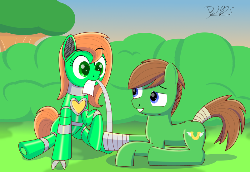 Size: 2000x1380 | Tagged: safe, artist:trackheadtherobopony, derpibooru import, oc, oc:goldheart, oc:rebel vanguard, pony, robot, robot pony, bandage, healing, signature