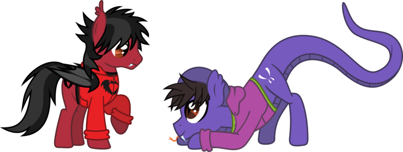 Size: 3717x1409 | Tagged: safe, artist:lightningbolt, derpibooru import, ponified, bat pony, hybrid, original species, pony, snake, snake pony, .svg available, bat wings, clandestine industries, clothes, duo, face down ass up, fangs, folded wings, forked tongue, hood, hoodie, looking at each other, looking down, looking up, male, messy mane, playful, raised hoof, shirt, simple background, slit eyes, snake tail, stallion, svg, tongue out, transparent background, undershirt, vector, wings