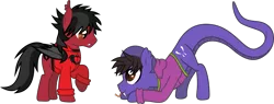 Size: 3717x1409 | Tagged: safe, artist:lightningbolt, derpibooru import, ponified, bat pony, hybrid, original species, pony, snake, snake pony, .svg available, bat wings, clandestine industries, clothes, duo, face down ass up, fangs, folded wings, forked tongue, hood, hoodie, looking at each other, looking down, looking up, male, messy mane, playful, raised hoof, shirt, simple background, slit eyes, snake tail, stallion, svg, tongue out, transparent background, undershirt, vector, wings