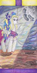 Size: 442x877 | Tagged: safe, artist:pristine1281, derpibooru import, oc, oc:pristine, alicorn, pony, unicorn, alicorn oc, horn, masre, moon, solo, tarot, traditional art, wings