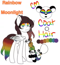 Size: 862x926 | Tagged: safe, artist:space--paws0w0, derpibooru import, oc, oc:rainbow moonlight, unofficial characters only, bear, panda, pegasus, pony, deviantart watermark, female, jewelry, mare, multicolored hair, necklace, obtrusive watermark, plushie, rainbow eyes, rainbow hair, reference sheet, simple background, solo, watermark, white background