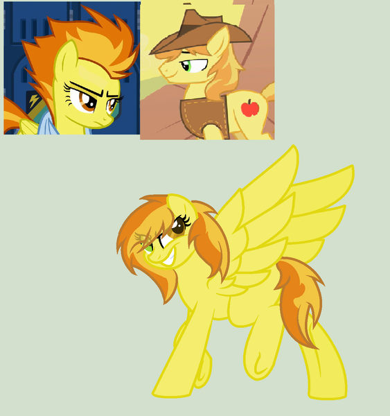 Size: 1264x1348 | Tagged: safe, artist:dawnthebarrel, derpibooru import, braeburn, spitfire, oc, earth pony, pegasus, pony, clothes, cowboy hat, female, hat, heterochromia, male, offspring, parent:braeburn, parent:spitfire, parents:spitburn, shipping, spitburn, straight, vest