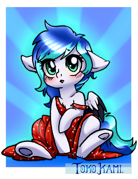 Size: 1600x2080 | Tagged: safe, artist:tokokami, derpibooru import, oc, oc:jewel blue, unofficial characters only, pegasus, pony, clothes, dress, dressup, female, patreon, patreon reward, solo, sunburst background