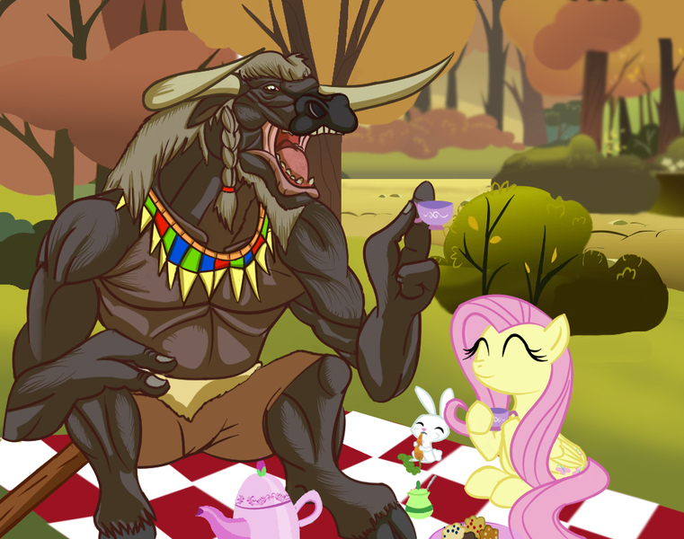 Size: 1004x792 | Tagged: safe, artist:urhangrzerg, derpibooru import, angel bunny, fluttershy, minotaur, pegasus, pony, rabbit, tauren, animal, autumn, carrot, crossover, cup, female, food, male, mare, muffin, open mouth, picnic, picnic blanket, tea, teacup, tree, trio, warcraft, world of warcraft