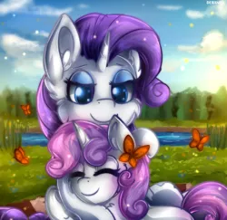 Size: 988x959 | Tagged: safe, artist:deraniel, derpibooru import, rarity, sweetie belle, butterfly, pony, unicorn, cloud, cute, diasweetes, female, filly, grass, hug, mare, raribetes, river, siblings, sisters, sky, smiling, water