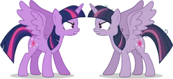 Size: 3040x1403 | Tagged: safe, artist:andoanimalia, derpibooru import, mean twilight sparkle, twilight sparkle, twilight sparkle (alicorn), alicorn, pony, the mean 6, clone, duality, evil, female, good, grin, looking at each other, mare, self ponidox, serious, serious face, smiling, trace, vector, vector trace