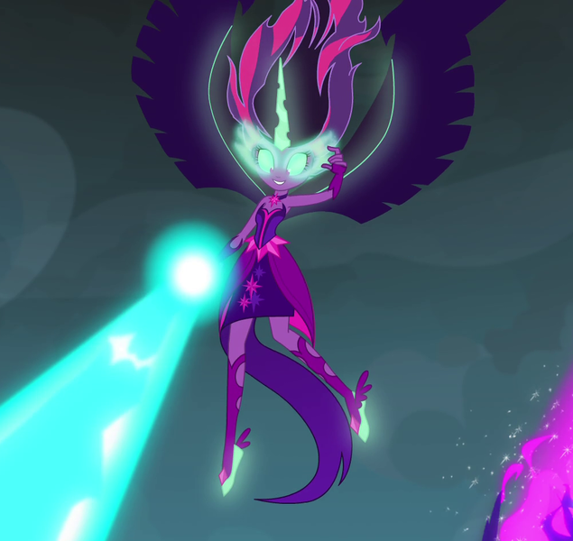 Size: 1003x947 | Tagged: safe, derpibooru import, screencap, sci-twi, twilight sparkle, equestria girls, bare shoulders, blast, cropped, flying, glowing eyes, magic, magic blast, midnight sparkle, sleeveless, solo, strapless