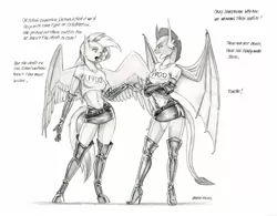 Size: 1400x1092 | Tagged: anthro, artist:baron engel, boots, breasts, busty silverstream, busty smolder, classical hippogriff, clothes, derpibooru import, dragon, dragoness, female, gloves, grayscale, high heel boots, hippogriff, latex, latex boots, latex gloves, midriff, monochrome, panties, pencil drawing, shirt, shoes, silverstream, simple background, sketch, smolder, suggestive, thong, traditional art, underwear, unguligrade anthro, white background