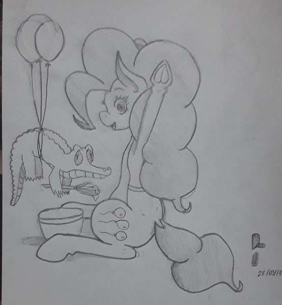 Size: 1836x1990 | Tagged: safe, artist:awesomedude14, derpibooru import, gummy, pinkie pie, pony, baking, bust, monochrome, traditional art, waving