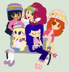 Size: 1312x1376 | Tagged: safe, artist:toybonnie54320, artist:yaya54320, derpibooru import, equestria girls, angel cake (strawberry shortcake), barely eqg related, base used, clothes, crossover, equestria girls style, equestria girls-ified, ginger snap (strawberry shortcake), hat, park bench, raspberry torte, shoes, strawberry shortcake, strawberry shortcake (character), tea blossom