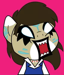 Size: 826x967 | Tagged: aggretsuko, anthro, artist needed, brown mane, derpibooru import, female, oc, oc:rune, open mouth, pink background, rage, reference, safe, sanrio, simple background, solo, tooth necklace