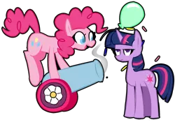 Size: 2000x1400 | Tagged: safe, artist:provolonepone, derpibooru import, pinkie pie, twilight sparkle, earth pony, pony, unicorn, balloon, duo, female, mare, party cannon, simple background, transparent background, twilight is not amused, unamused, unicorn twilight