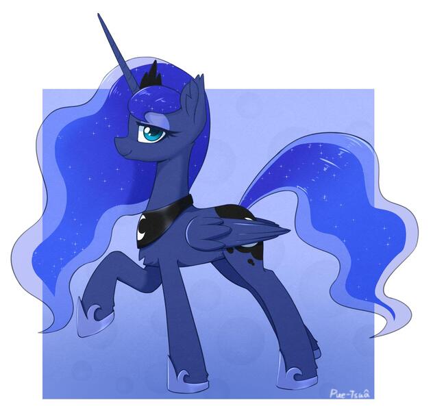 Size: 1529x1451 | Tagged: safe, artist:puetsua, derpibooru import, princess luna, alicorn, pony, abstract background, chest fluff, crown, cute, ear fluff, ethereal mane, female, hoof shoes, jewelry, leg fluff, lidded eyes, lunabetes, mare, profile, regalia, solo, starry mane