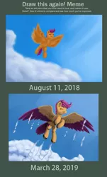 Size: 603x1000 | Tagged: safe, artist:redquoz, derpibooru import, scootaloo, bird, bird pone, pegasus, pony, bird tail, cloud, comparison, draw this again, eyes closed, female, mare, redraw, scootaloo can fly, smiling, solo, two toned wings, unshorn fetlocks, wings