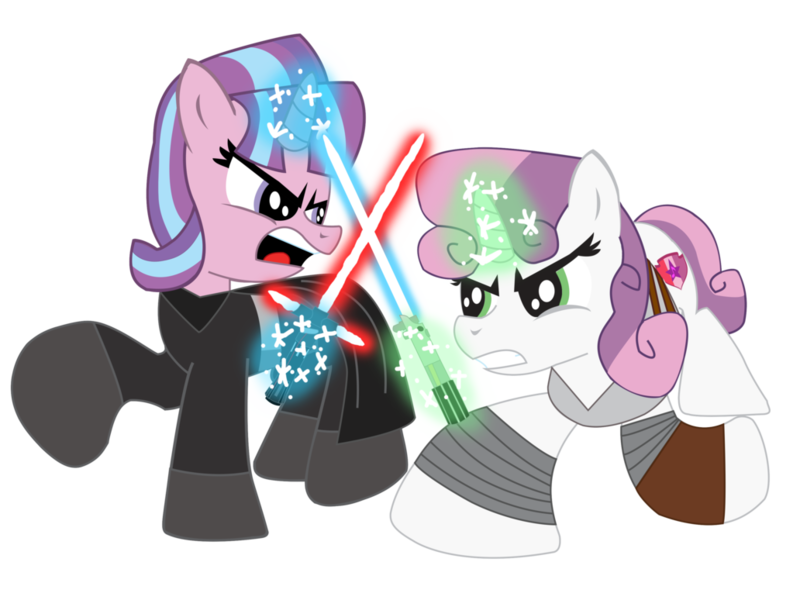 Size: 1032x774 | Tagged: artist:ejlightning007arts, crossover, derpibooru import, duel, kylo ren, lightsaber, rey, safe, simple background, starlight glimmer, star wars, star wars: the force awakens, sweetie belle, transparent background, vector, weapon