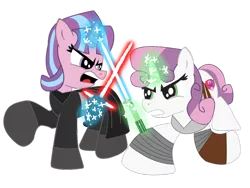 Size: 1032x774 | Tagged: artist:ejlightning007arts, crossover, derpibooru import, duel, kylo ren, lightsaber, rey, safe, simple background, starlight glimmer, star wars, star wars: the force awakens, sweetie belle, transparent background, vector, weapon