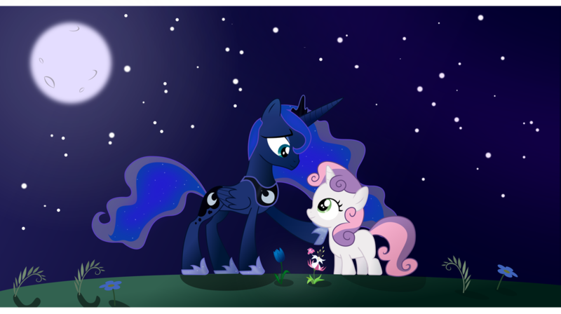 Size: 1024x574 | Tagged: safe, artist:atnezau, artist:hawk9mm, artist:itash, artist:misteraibo, artist:plsim, derpibooru import, princess luna, sweetie belle, alicorn, pony, unicorn, duo, female, filly, flower, grass, mare, moon, night, smiling, stars, tulip