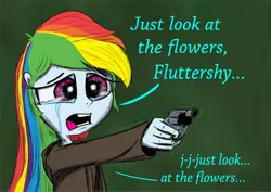 Size: 1628x1150 | Tagged: semi-grimdark, artist:chopsticks, derpibooru import, rainbow dash, human, equestria girls, clothes, crying, dialogue, female, gun, handgun, implied fluttershy, look at the flowers, mercy kill, of mice and men, offscreen character, reference, revolver, sad, scene interpretation, sketch, teary eyes, text, the walking dead, this will end in death, three quarter view, tv reference, weapon