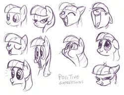 Size: 1320x1020 | Tagged: source needed, safe, artist:lauren faust, derpibooru import, twilight sparkle, earth pony, pony, bust, character study, concept art, earth pony twilight, expressions, facial expressions, female, grayscale, happy, mare, monochrome, portrait, simple background, sketch, smiling, solo, study, white background