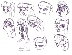 Size: 1320x1020 | Tagged: source needed, safe, artist:lauren faust, derpibooru import, twilight sparkle, earth pony, pony, angry, bust, character study, concept art, earth pony twilight, expressions, facial expressions, female, grayscale, mare, monochrome, portrait, simple background, sketch, solo, study, white background